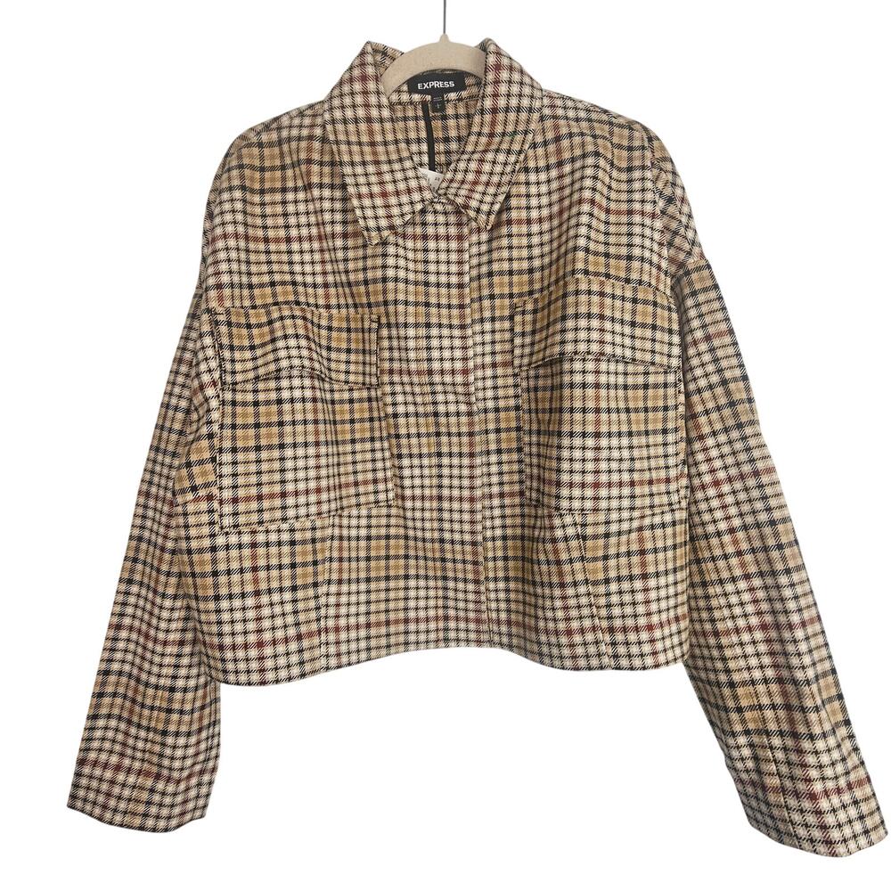 Express Womens Plaid Boxy Cropped Jacket L Dark Academia Grunge Layer Snap Front